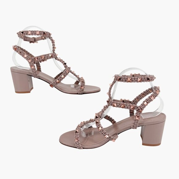 Valentino Garavani Rockstud Braided Caged Block Heel Sandals Beige Size 40 US 10 - Picture 10 of 15